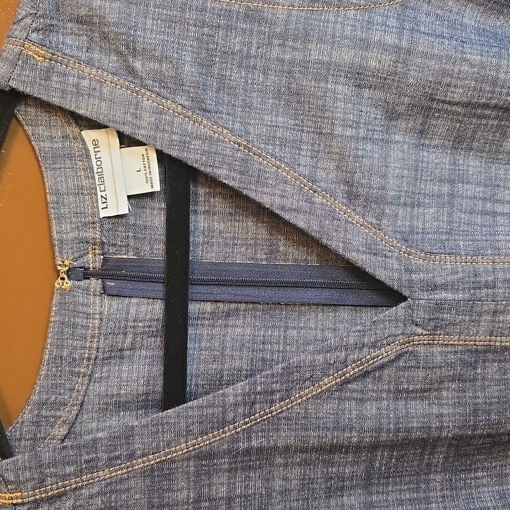 Liz Claiborne-Blue cotton denim V neck sleeveless dress with side bands Sz L NWT - Picture 7 of 8